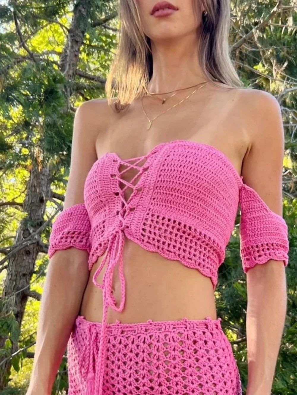Festival Fairy Crochet Pink Off Shoulder Crop Top Y2K Beach Kawaii Lolita Boho